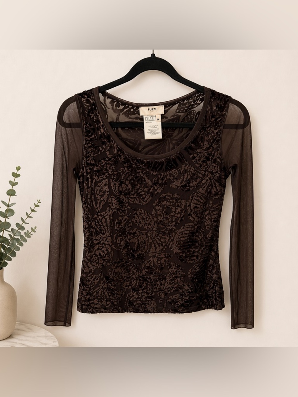 Fuzzi Sheer Mesh Velvet Burnout Top Long Sleeve Black Size M